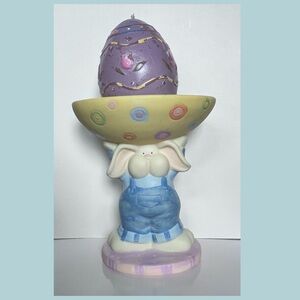 Easter Ceramic Bunny Holding Egg Dish Pastels